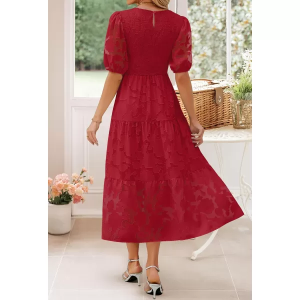 imageZESICA Womens 2024 Summer Short Puff Sleeve Crewneck Smocked Floral Lace Flowy A Line Tiered Maxi DressesRed