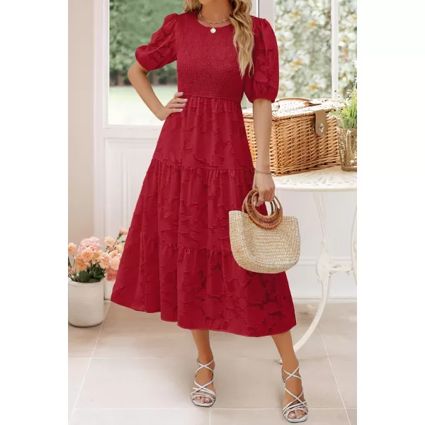 imageZESICA Womens 2024 Summer Short Puff Sleeve Crewneck Smocked Floral Lace Flowy A Line Tiered Maxi DressesRed