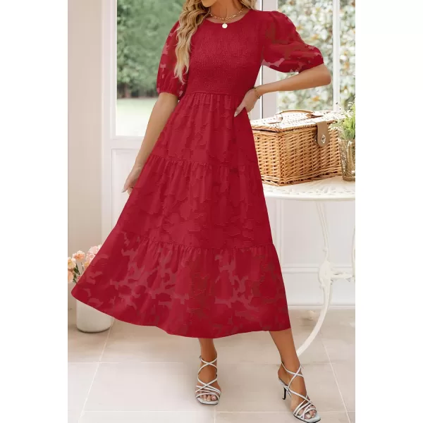 imageZESICA Womens 2024 Summer Short Puff Sleeve Crewneck Smocked Floral Lace Flowy A Line Tiered Maxi DressesRed