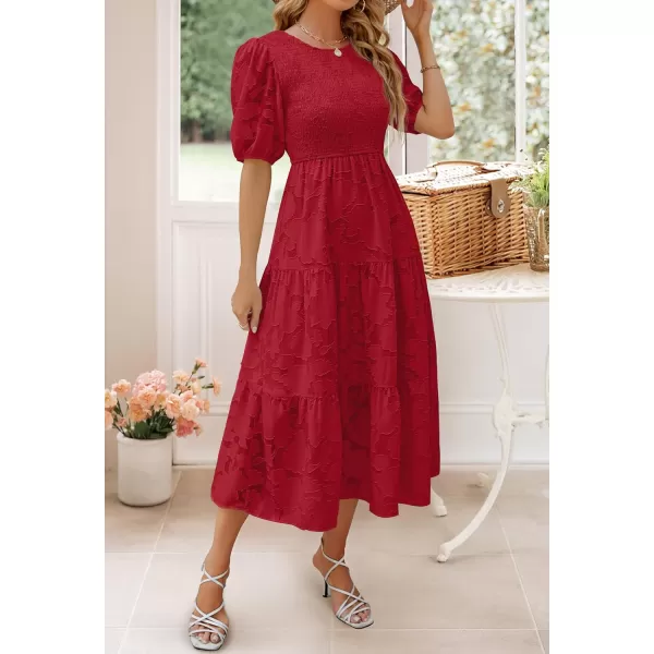 imageZESICA Womens 2024 Summer Short Puff Sleeve Crewneck Smocked Floral Lace Flowy A Line Tiered Maxi DressesRed