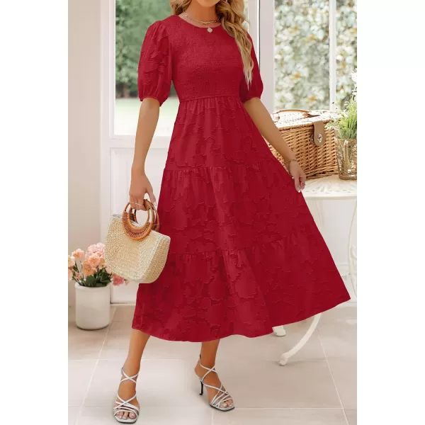 imageZESICA Womens 2024 Summer Short Puff Sleeve Crewneck Smocked Floral Lace Flowy A Line Tiered Maxi DressesRed