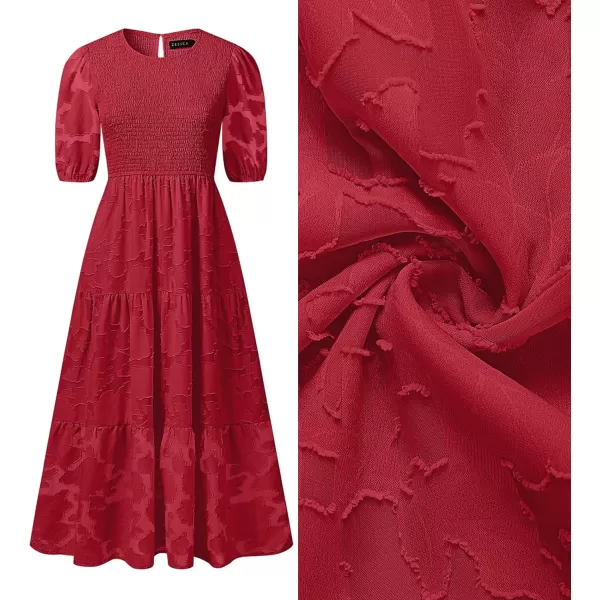 imageZESICA Womens 2024 Summer Short Puff Sleeve Crewneck Smocked Floral Lace Flowy A Line Tiered Maxi DressesRed