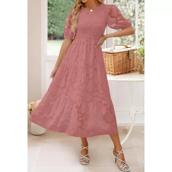 imageZESICA Womens 2024 Summer Short Puff Sleeve Crewneck Smocked Floral Lace Flowy A Line Tiered Maxi DressesTearose