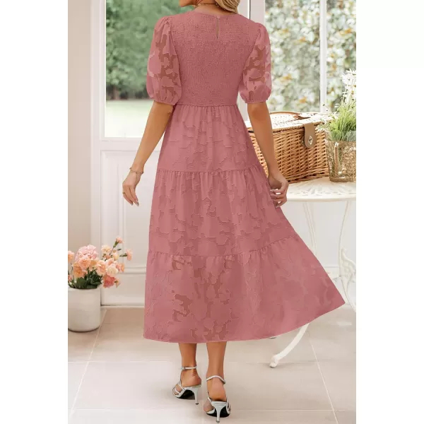 imageZESICA Womens 2024 Summer Short Puff Sleeve Crewneck Smocked Floral Lace Flowy A Line Tiered Maxi DressesTearose