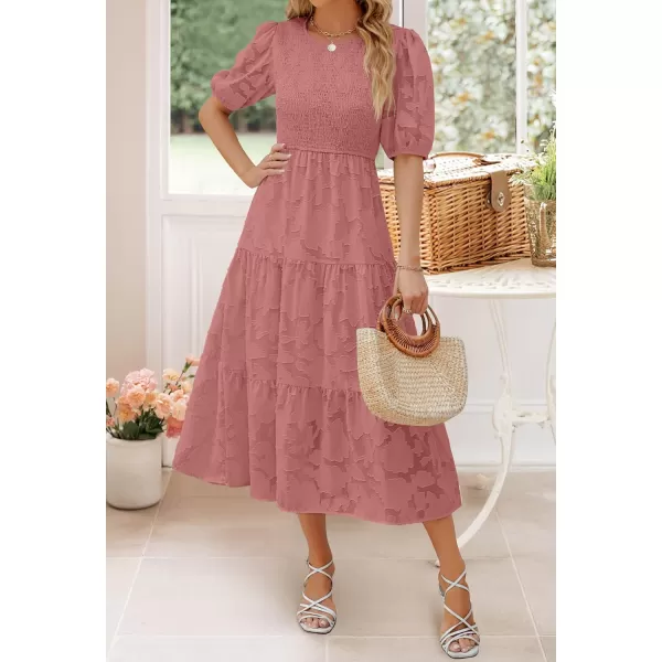 imageZESICA Womens 2024 Summer Short Puff Sleeve Crewneck Smocked Floral Lace Flowy A Line Tiered Maxi DressesTearose