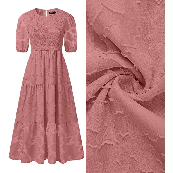 imageZESICA Womens 2024 Summer Short Puff Sleeve Crewneck Smocked Floral Lace Flowy A Line Tiered Maxi DressesTearose