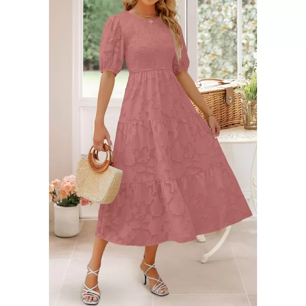 imageZESICA Womens 2024 Summer Short Puff Sleeve Crewneck Smocked Floral Lace Flowy A Line Tiered Maxi DressesTearose