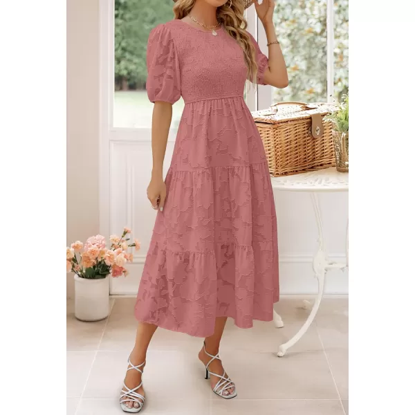 imageZESICA Womens 2024 Summer Short Puff Sleeve Crewneck Smocked Floral Lace Flowy A Line Tiered Maxi DressesTearose