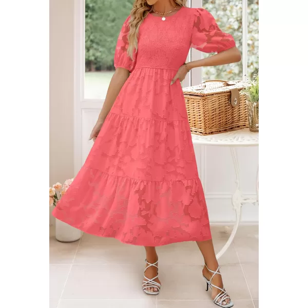 imageZESICA Womens 2024 Summer Short Puff Sleeve Crewneck Smocked Floral Lace Flowy A Line Tiered Maxi DressesWatermelon