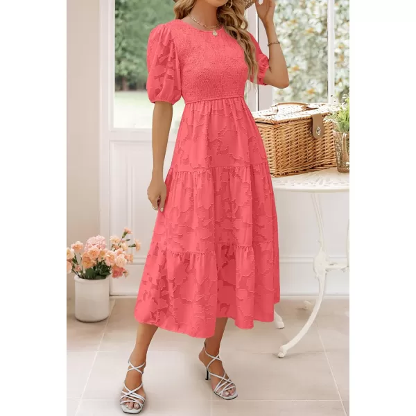 imageZESICA Womens 2024 Summer Short Puff Sleeve Crewneck Smocked Floral Lace Flowy A Line Tiered Maxi DressesWatermelon