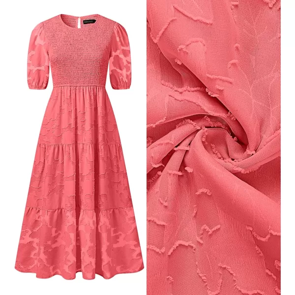imageZESICA Womens 2024 Summer Short Puff Sleeve Crewneck Smocked Floral Lace Flowy A Line Tiered Maxi DressesWatermelon