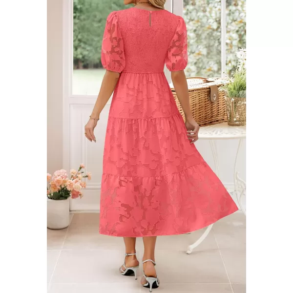 imageZESICA Womens 2024 Summer Short Puff Sleeve Crewneck Smocked Floral Lace Flowy A Line Tiered Maxi DressesWatermelon