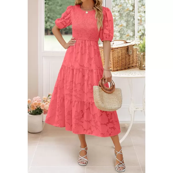 imageZESICA Womens 2024 Summer Short Puff Sleeve Crewneck Smocked Floral Lace Flowy A Line Tiered Maxi DressesWatermelon