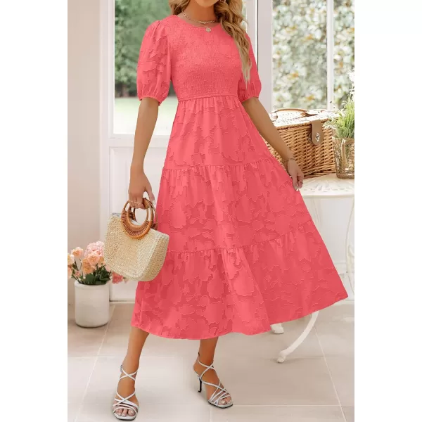 imageZESICA Womens 2024 Summer Short Puff Sleeve Crewneck Smocked Floral Lace Flowy A Line Tiered Maxi DressesWatermelon