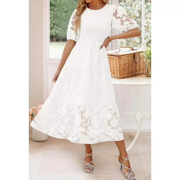 imageZESICA Womens 2024 Summer Short Puff Sleeve Crewneck Smocked Floral Lace Flowy A Line Tiered Maxi DressesWhite