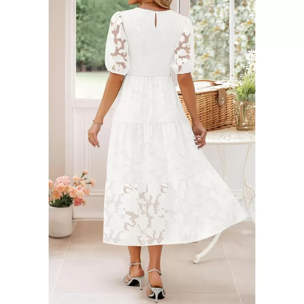 imageZESICA Womens 2024 Summer Short Puff Sleeve Crewneck Smocked Floral Lace Flowy A Line Tiered Maxi DressesWhite
