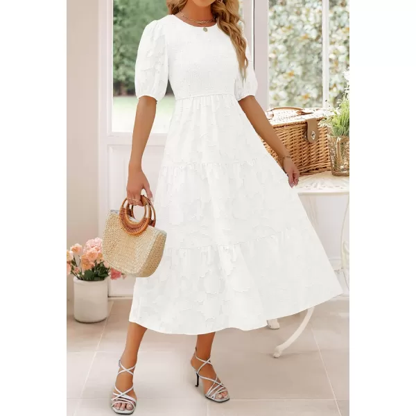 imageZESICA Womens 2024 Summer Short Puff Sleeve Crewneck Smocked Floral Lace Flowy A Line Tiered Maxi DressesWhite