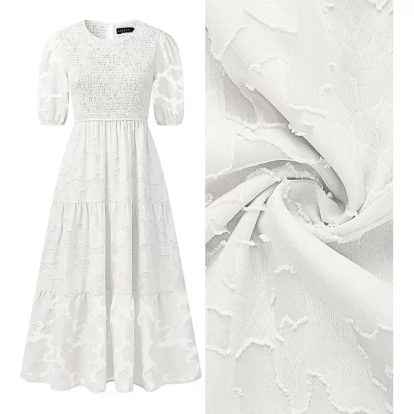 imageZESICA Womens 2024 Summer Short Puff Sleeve Crewneck Smocked Floral Lace Flowy A Line Tiered Maxi DressesWhite