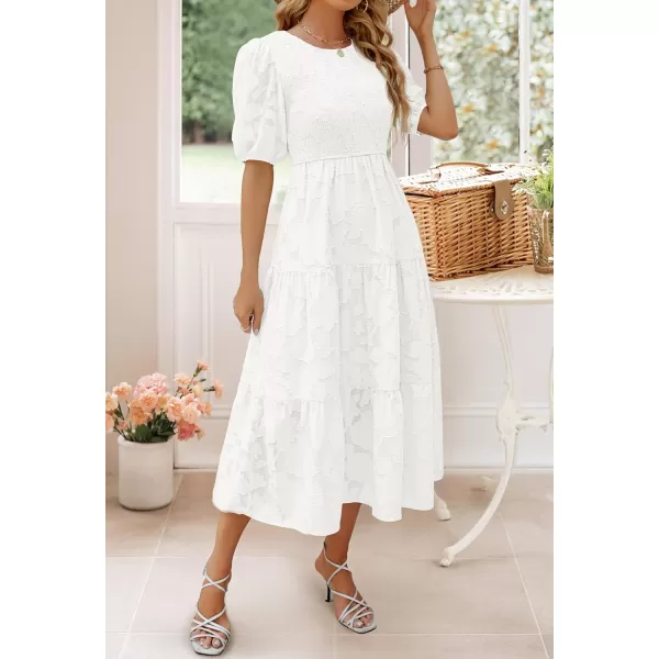 imageZESICA Womens 2024 Summer Short Puff Sleeve Crewneck Smocked Floral Lace Flowy A Line Tiered Maxi DressesWhite