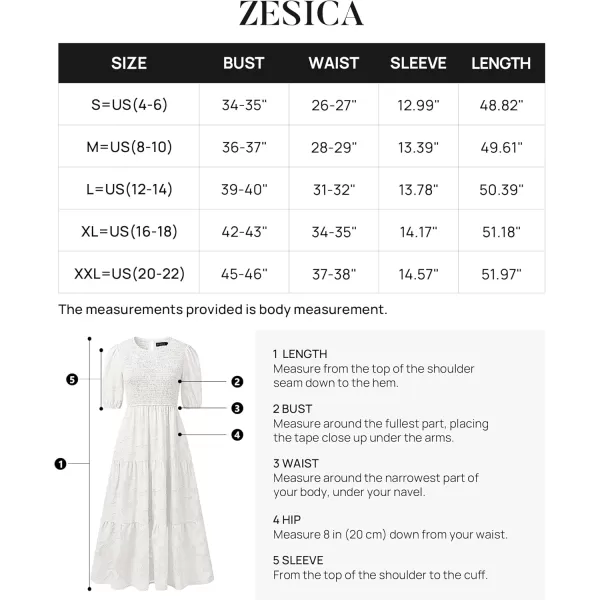 imageZESICA Womens 2024 Summer Short Puff Sleeve Crewneck Smocked Floral Lace Flowy A Line Tiered Maxi DressesWhite