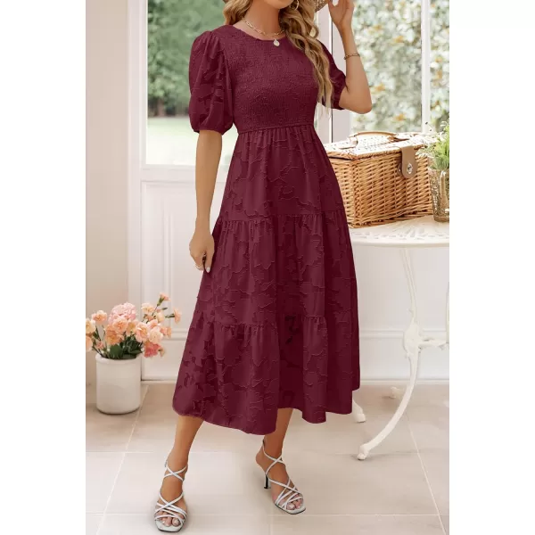 imageZESICA Womens 2024 Summer Short Puff Sleeve Crewneck Smocked Floral Lace Flowy A Line Tiered Maxi DressesWine