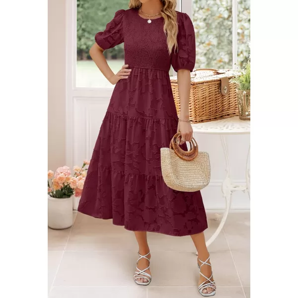 imageZESICA Womens 2024 Summer Short Puff Sleeve Crewneck Smocked Floral Lace Flowy A Line Tiered Maxi DressesWine