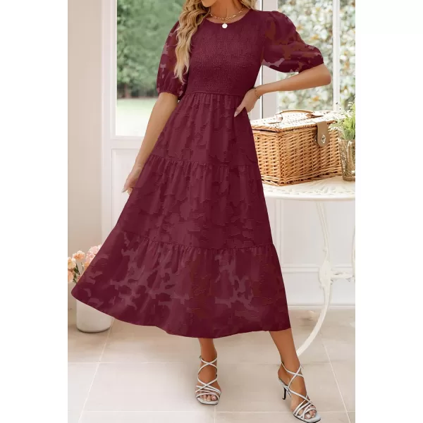 imageZESICA Womens 2024 Summer Short Puff Sleeve Crewneck Smocked Floral Lace Flowy A Line Tiered Maxi DressesWine