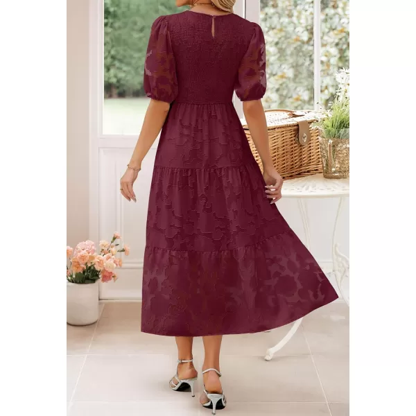imageZESICA Womens 2024 Summer Short Puff Sleeve Crewneck Smocked Floral Lace Flowy A Line Tiered Maxi DressesWine