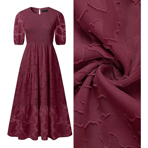 imageZESICA Womens 2024 Summer Short Puff Sleeve Crewneck Smocked Floral Lace Flowy A Line Tiered Maxi DressesWine