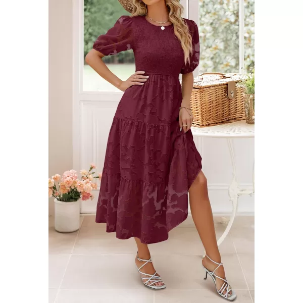 imageZESICA Womens 2024 Summer Short Puff Sleeve Crewneck Smocked Floral Lace Flowy A Line Tiered Maxi DressesWine