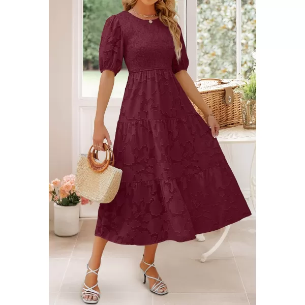 imageZESICA Womens 2024 Summer Short Puff Sleeve Crewneck Smocked Floral Lace Flowy A Line Tiered Maxi DressesWine