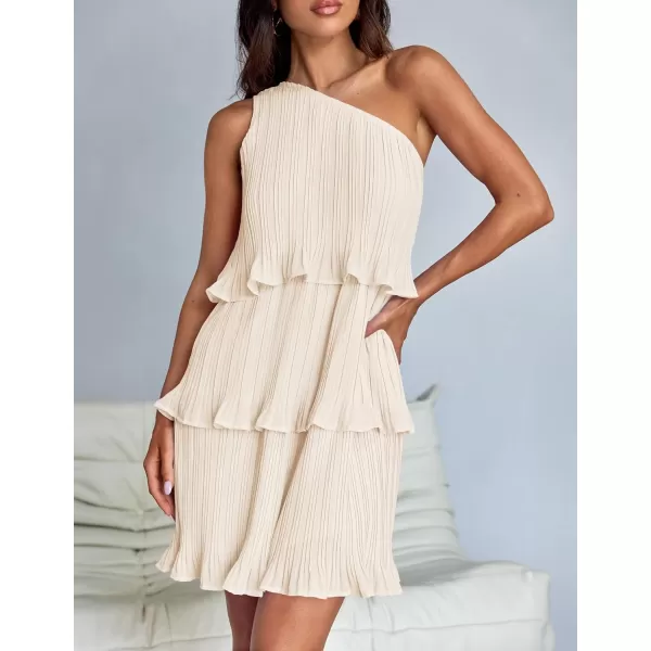 imageZESICA Womens 2024 Summer Sleeveless Mini Dress Boho One Shoulder Ruffle Tiered Layered Chiffon Flowy A Line DressesApricot