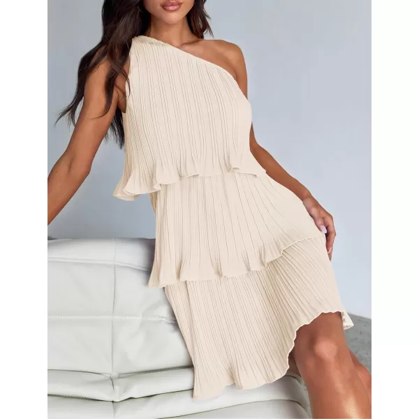 imageZESICA Womens 2024 Summer Sleeveless Mini Dress Boho One Shoulder Ruffle Tiered Layered Chiffon Flowy A Line DressesApricot