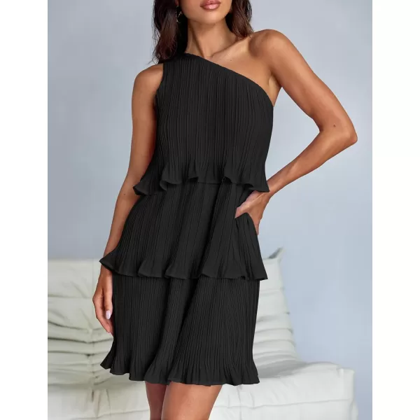 imageZESICA Womens 2024 Summer Sleeveless Mini Dress Boho One Shoulder Ruffle Tiered Layered Chiffon Flowy A Line DressesDarkblack