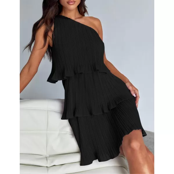 imageZESICA Womens 2024 Summer Sleeveless Mini Dress Boho One Shoulder Ruffle Tiered Layered Chiffon Flowy A Line DressesDarkblack