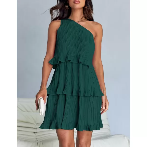 imageZESICA Womens 2024 Summer Sleeveless Mini Dress Boho One Shoulder Ruffle Tiered Layered Chiffon Flowy A Line DressesDarkgreen