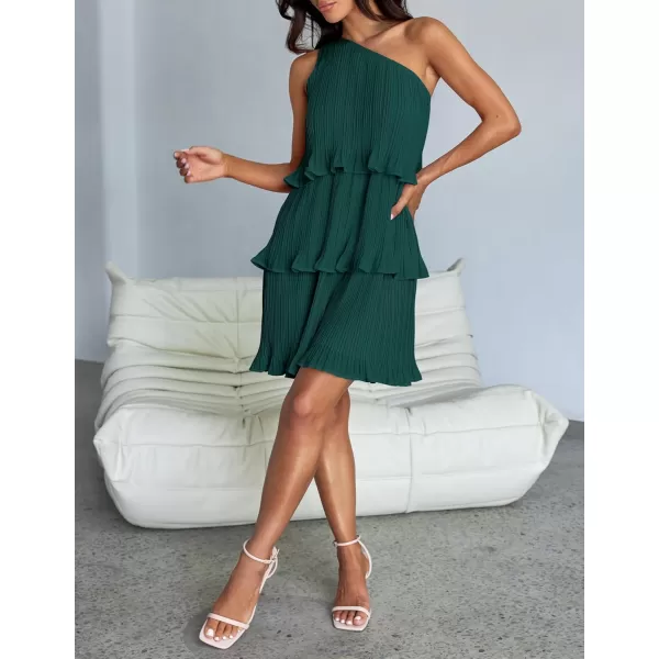 imageZESICA Womens 2024 Summer Sleeveless Mini Dress Boho One Shoulder Ruffle Tiered Layered Chiffon Flowy A Line DressesDarkgreen