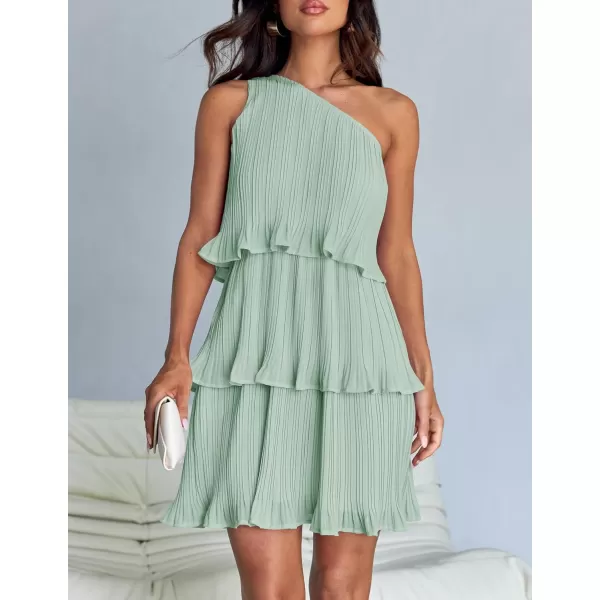 imageZESICA Womens 2024 Summer Sleeveless Mini Dress Boho One Shoulder Ruffle Tiered Layered Chiffon Flowy A Line DressesLight Green