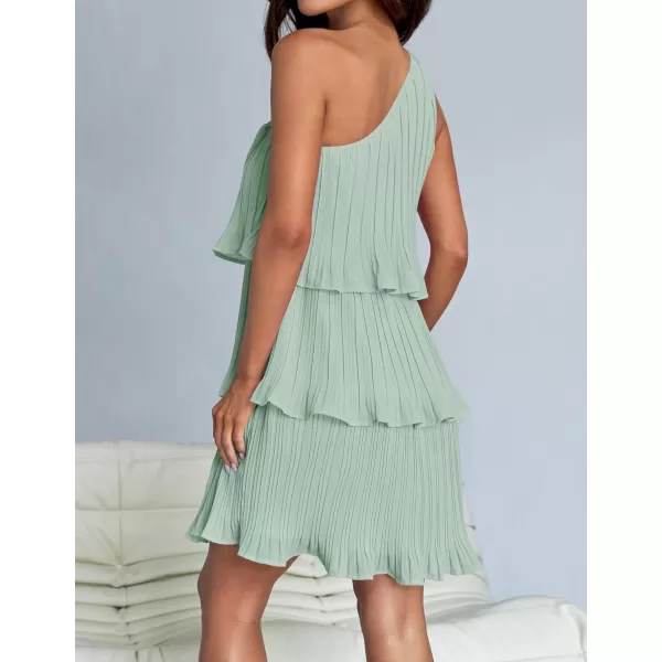 imageZESICA Womens 2024 Summer Sleeveless Mini Dress Boho One Shoulder Ruffle Tiered Layered Chiffon Flowy A Line DressesLight Green