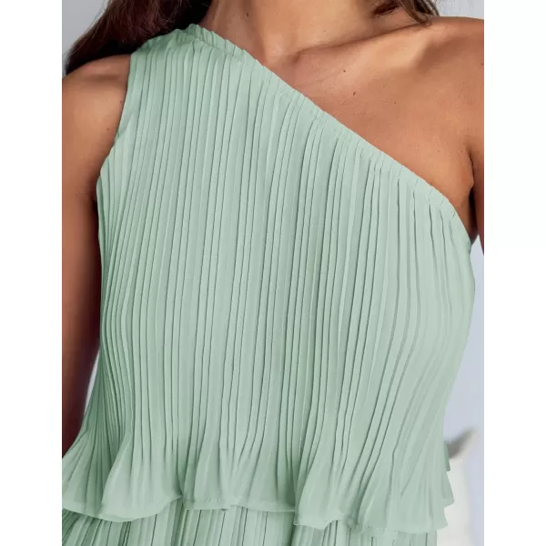 imageZESICA Womens 2024 Summer Sleeveless Mini Dress Boho One Shoulder Ruffle Tiered Layered Chiffon Flowy A Line DressesLight Green