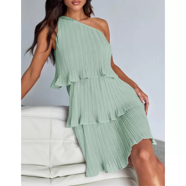 imageZESICA Womens 2024 Summer Sleeveless Mini Dress Boho One Shoulder Ruffle Tiered Layered Chiffon Flowy A Line DressesLight Green