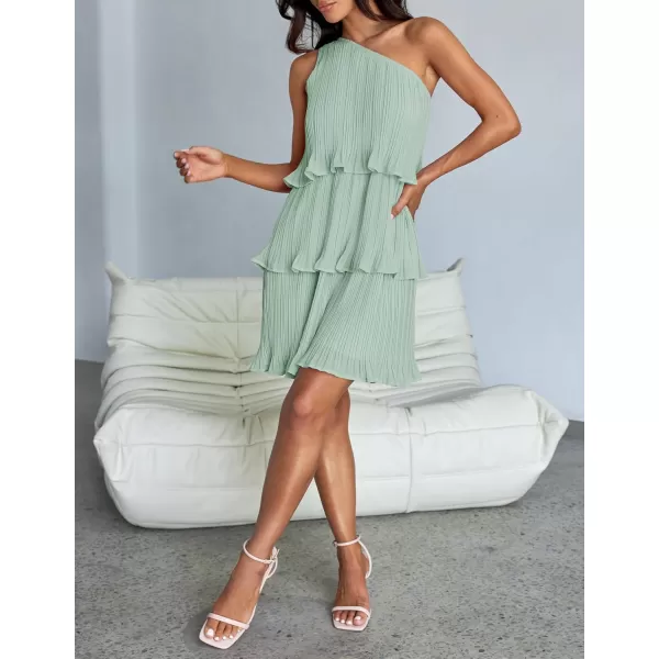 imageZESICA Womens 2024 Summer Sleeveless Mini Dress Boho One Shoulder Ruffle Tiered Layered Chiffon Flowy A Line DressesLight Green