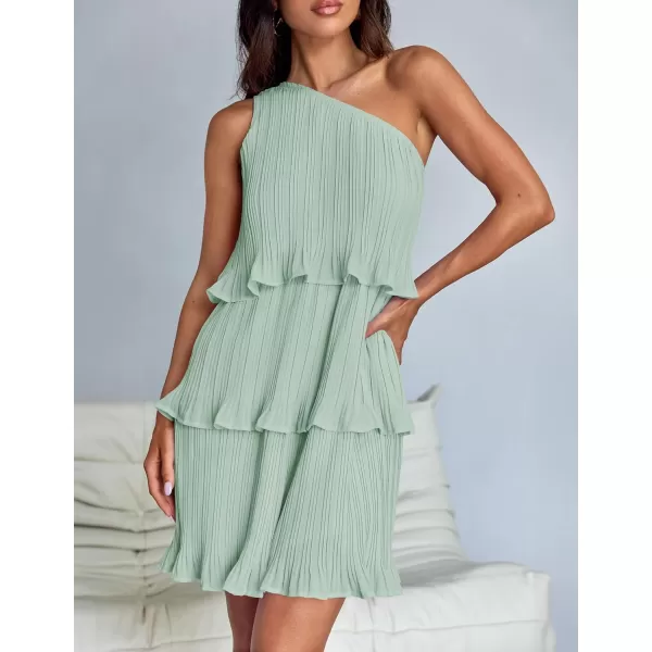 imageZESICA Womens 2024 Summer Sleeveless Mini Dress Boho One Shoulder Ruffle Tiered Layered Chiffon Flowy A Line DressesLight Green