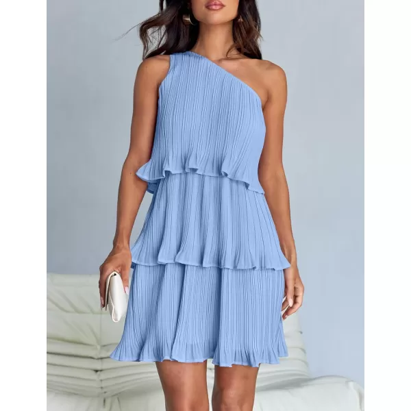 imageZESICA Womens 2024 Summer Sleeveless Mini Dress Boho One Shoulder Ruffle Tiered Layered Chiffon Flowy A Line DressesLightblue