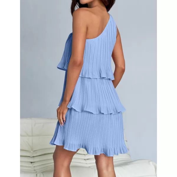 imageZESICA Womens 2024 Summer Sleeveless Mini Dress Boho One Shoulder Ruffle Tiered Layered Chiffon Flowy A Line DressesLightblue