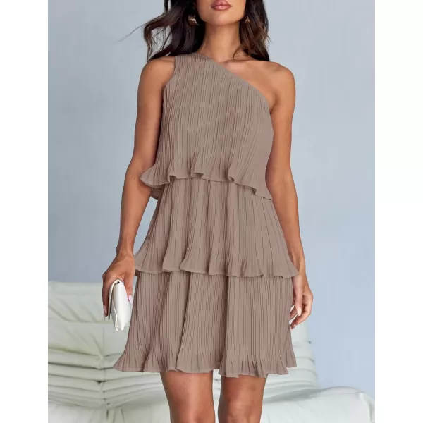 imageZESICA Womens 2024 Summer Sleeveless Mini Dress Boho One Shoulder Ruffle Tiered Layered Chiffon Flowy A Line DressesLightkhaki