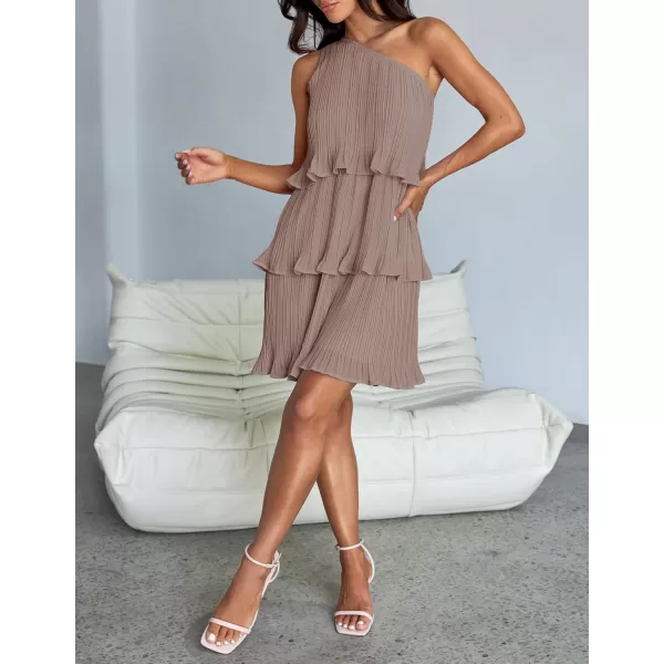 imageZESICA Womens 2024 Summer Sleeveless Mini Dress Boho One Shoulder Ruffle Tiered Layered Chiffon Flowy A Line DressesLightkhaki
