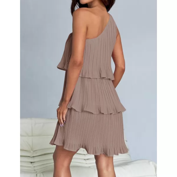 imageZESICA Womens 2024 Summer Sleeveless Mini Dress Boho One Shoulder Ruffle Tiered Layered Chiffon Flowy A Line DressesLightkhaki
