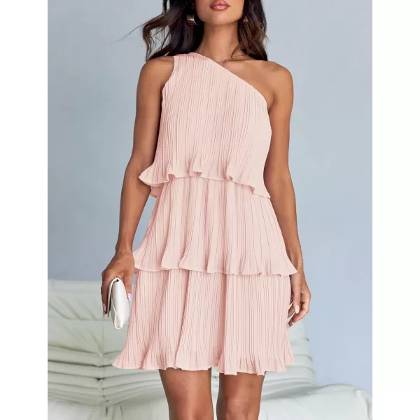 imageZESICA Womens 2024 Summer Sleeveless Mini Dress Boho One Shoulder Ruffle Tiered Layered Chiffon Flowy A Line DressesPink