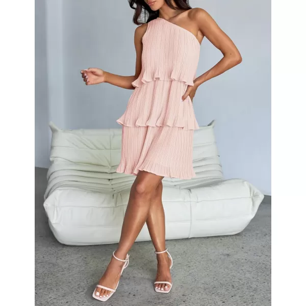 imageZESICA Womens 2024 Summer Sleeveless Mini Dress Boho One Shoulder Ruffle Tiered Layered Chiffon Flowy A Line DressesPink
